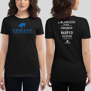 Black/Blue Culture Warp Christian T-Shirt. The shirt style is Women's Fashion T-Shirt , size S. The design is Blameless and Pure - UNWARP Collection Collection.