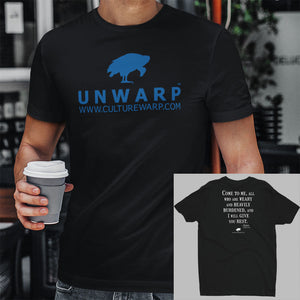 Black/Blue Culture Warp Christian T-Shirt. The shirt style is Men's Fashion T-Shirt , size S. The design is Come to Me - UNWARP Collection Collection.