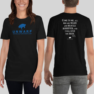 Black/Blue Culture Warp Christian T-Shirt. The shirt style is Classic Unisex T-Shirt , size S. The design is Come to Me - UNWARP Collection Collection.