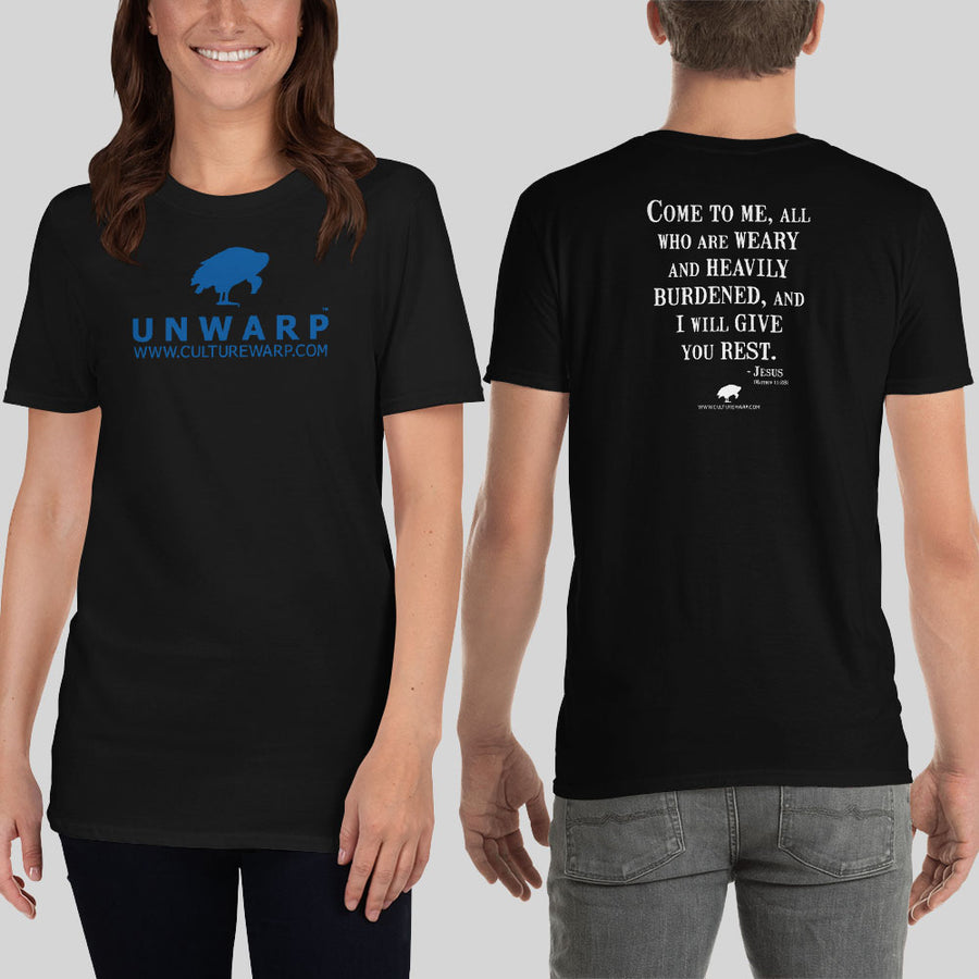 Black/Blue Culture Warp Christian T-Shirt. The shirt style is Classic Unisex T-Shirt , size S. The design is Come to Me - UNWARP Collection Collection.