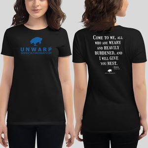 Black/Blue Culture Warp Christian T-Shirt. The shirt style is Women's Fashion T-Shirt , size S. The design is Come to Me - UNWARP Collection Collection.