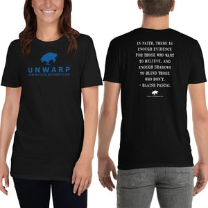 Black/Blue Culture Warp Christian T-Shirt. The shirt style is Classic Unisex T-Shirt , size S. The design is Enough Evidence for Those Who Want to Believe - UNWARP Collection Collection.