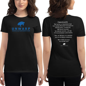 Black/Blue Culture Warp Christian T-Shirt. The shirt style is Women's Fashion T-Shirt , size S. The design is Traditions & Values - UNWARP Collection Collection.