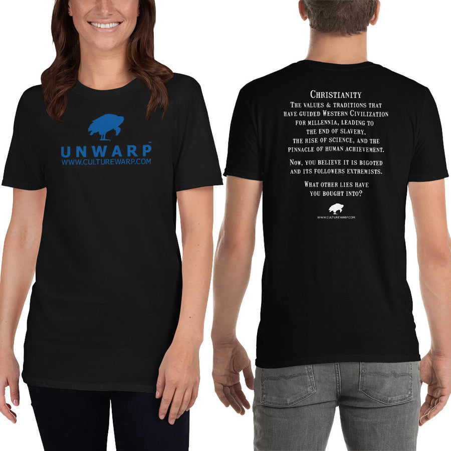 Black/Blue Culture Warp Christian T-Shirt. The shirt style is Classic Unisex T-Shirt , size S. The design is Traditions & Values - UNWARP Collection Collection.