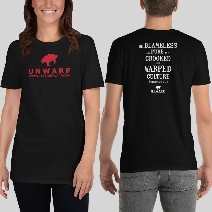 Black/Red Culture Warp Christian T-Shirt. The shirt style is Classic Unisex T-Shirt , size S. The design is Blameless and Pure - UNWARP Collection Collection.