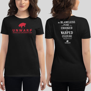 Black/Red Culture Warp Christian T-Shirt. The shirt style is Women's Fashion T-Shirt , size S. The design is Blameless and Pure - UNWARP Collection Collection.
