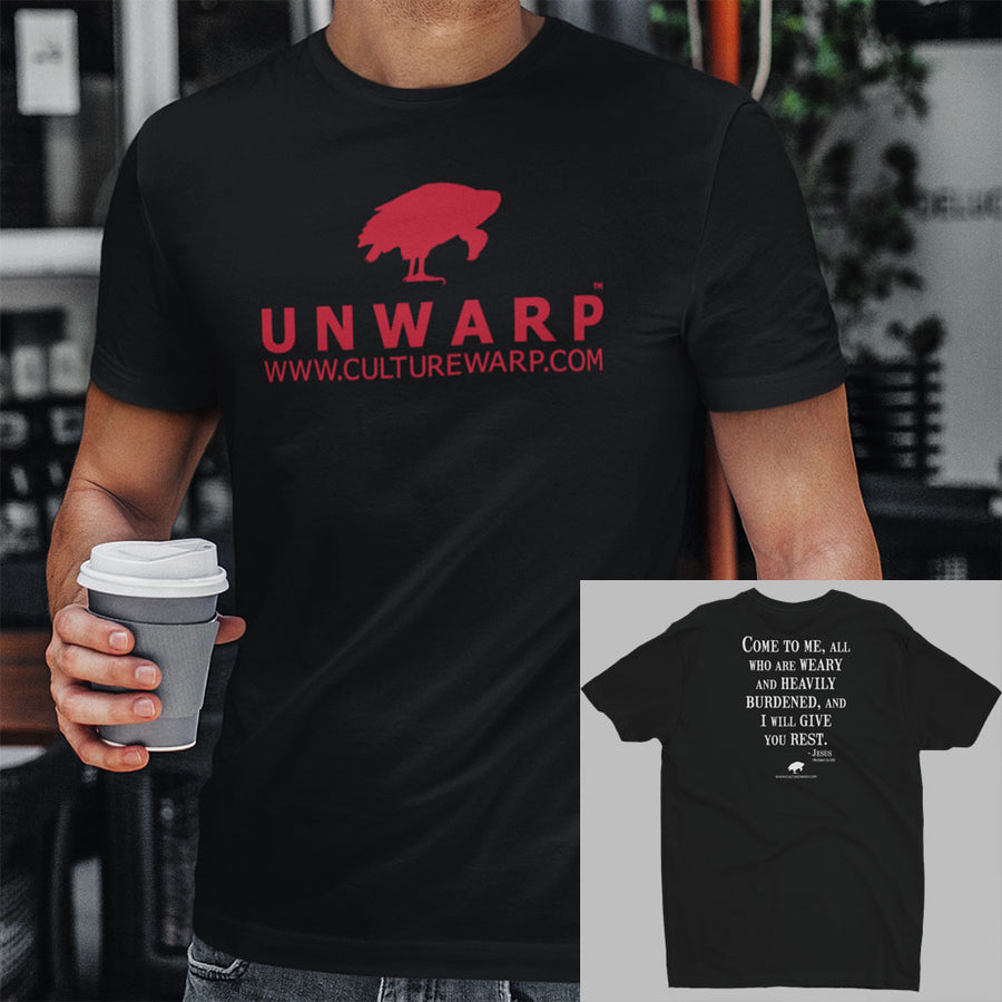 Black/Red Culture Warp Christian T-Shirt. The shirt style is Men's Fashion T-Shirt , size S. The design is Come to Me - UNWARP Collection Collection.