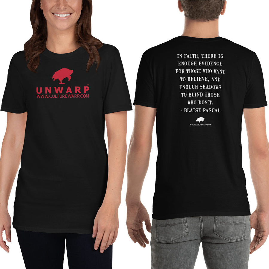 Black/Red Culture Warp Christian T-Shirt. The shirt style is Classic Unisex T-Shirt , size S. The design is Enough Evidence for Those Who Want to Believe - UNWARP Collection Collection.