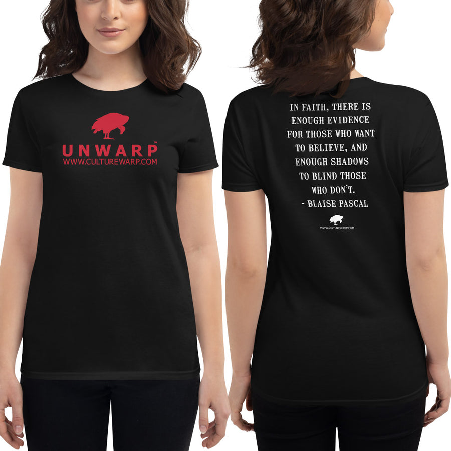 Black/Red Culture Warp Christian T-Shirt. The shirt style is Women's Fashion T-Shirt , size S. The design is Enough Evidence for Those Who Want to Believe - UNWARP Collection Collection.