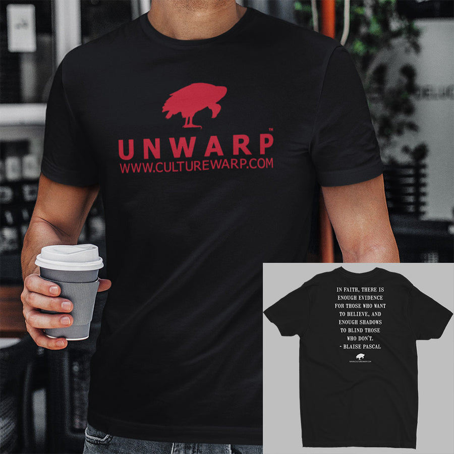 Black/Red Culture Warp Christian T-Shirt. The shirt style is Men's Fashion T-Shirt , size S. The design is Enough Evidence for Those Who Want to Believe - UNWARP Collection Collection.
