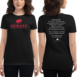 Black/Red Culture Warp Christian T-Shirt. The shirt style is Women's Fashion T-Shirt , size S. The design is Traditions & Values - UNWARP Collection Collection.