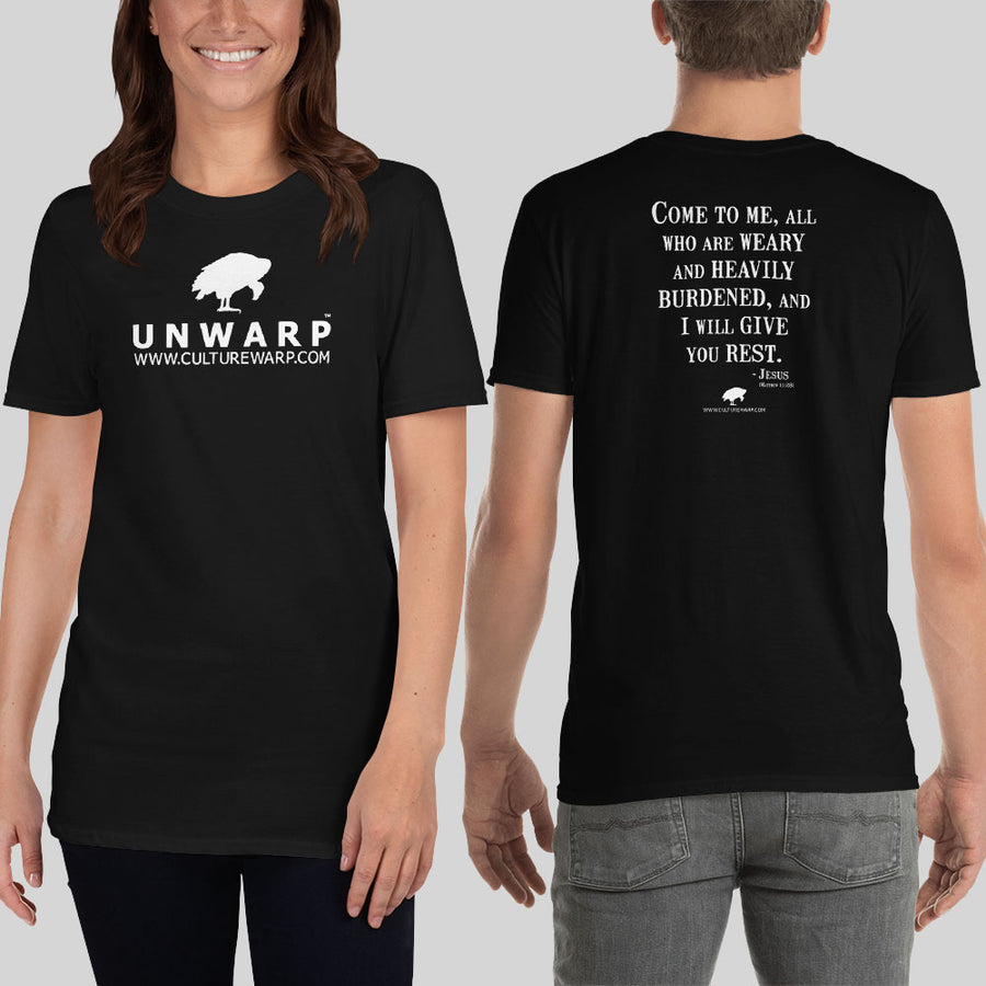 Black/White Culture Warp Christian T-Shirt. The shirt style is Classic Unisex T-Shirt , size S. The design is Come to Me - UNWARP Collection Collection.