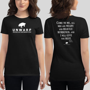 Black/White Culture Warp Christian T-Shirt. The shirt style is Women's Fashion T-Shirt , size S. The design is Come to Me - UNWARP Collection Collection.