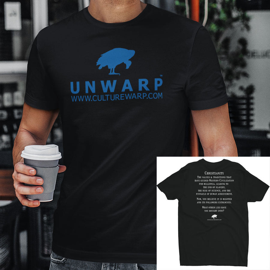 Black/Blue Culture Warp Christian T-Shirt. The shirt style is Men's Fashion T-Shirt , size S. The design is Traditions & Values - UNWARP Collection Collection.