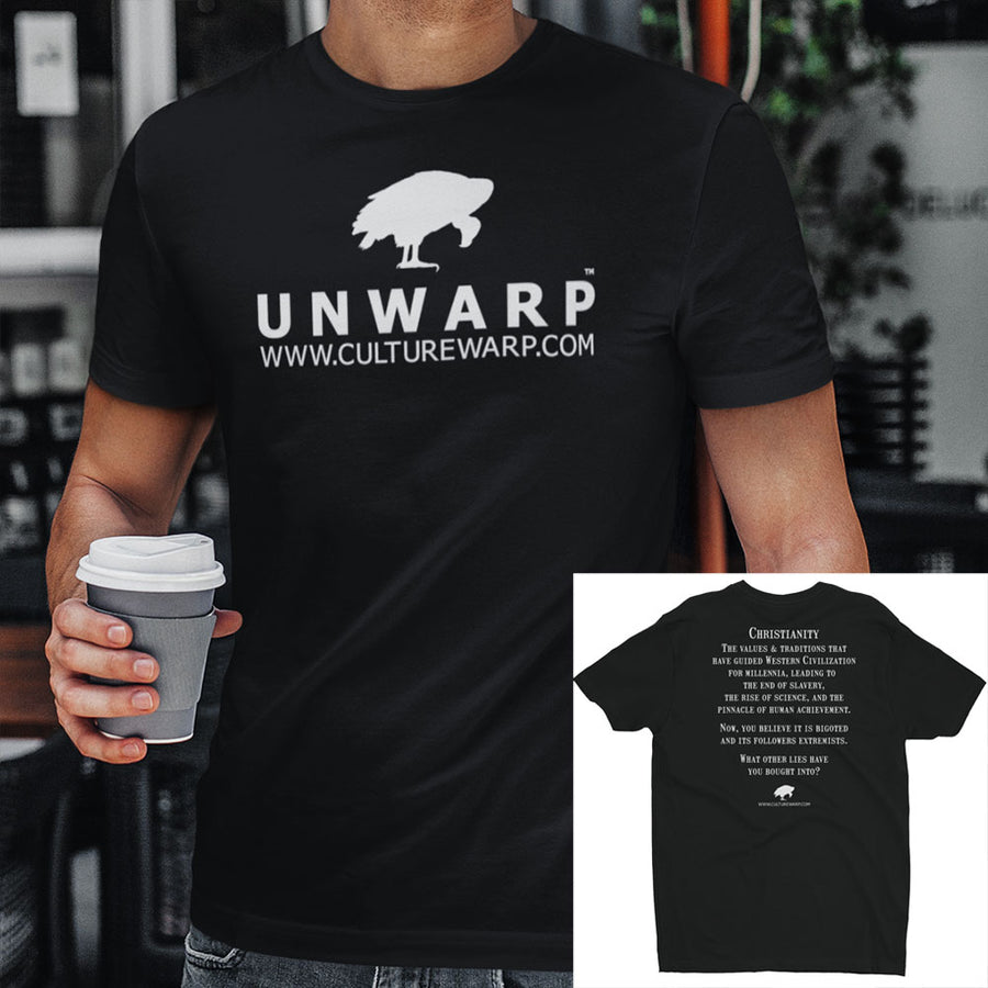 Black/White Culture Warp Christian T-Shirt. The shirt style is Men's Fashion T-Shirt , size S. The design is Traditions & Values - UNWARP Collection Collection.