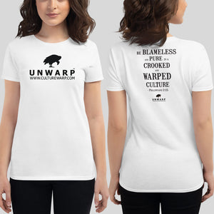 White/Black Culture Warp Christian T-Shirt. The shirt style is Women's Fashion T-Shirt , size S. The design is Blameless and Pure - UNWARP Collection Collection.