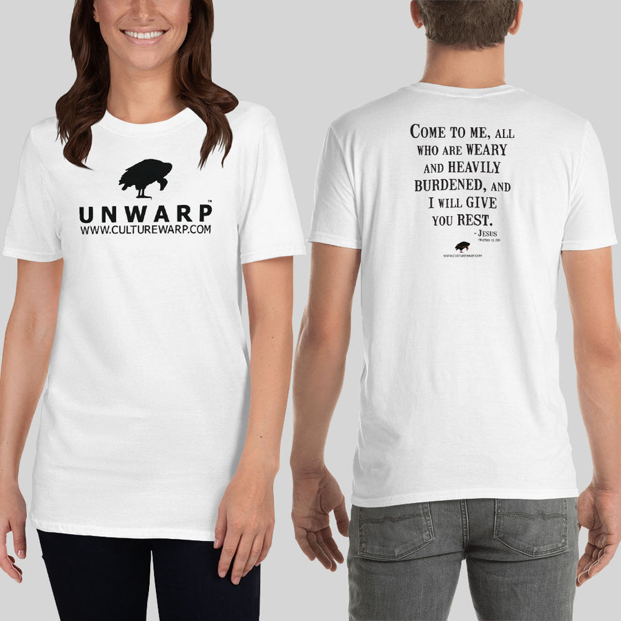White/Black Culture Warp Christian T-Shirt. The shirt style is Classic Unisex T-Shirt , size S. The design is Come to Me - UNWARP Collection Collection.