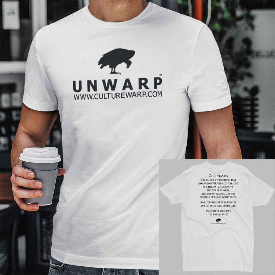 White/Black Culture Warp Christian T-Shirt. The shirt style is Men's Fashion T-Shirt , size S. The design is Traditions & Values - UNWARP Collection Collection.