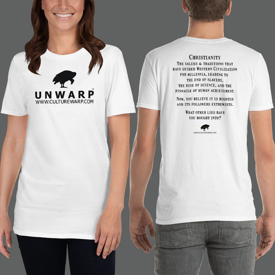 White/Black Culture Warp Christian T-Shirt. The shirt style is Classic Unisex T-Shirt , size S. The design is Traditions & Values - UNWARP Collection Collection.
