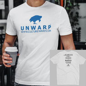 White/Blue Culture Warp Christian T-Shirt. The shirt style is Men's Fashion T-Shirt , size S. The design is Blameless and Pure - UNWARP Collection Collection.