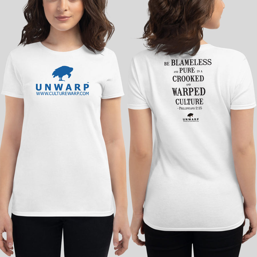 White/Blue Culture Warp Christian T-Shirt. The shirt style is Women's Fashion T-Shirt , size S. The design is Blameless and Pure - UNWARP Collection Collection.