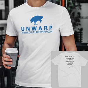 White/Blue Culture Warp Christian T-Shirt. The shirt style is Men's Fashion T-Shirt , size S. The design is Come to Me - UNWARP Collection Collection.