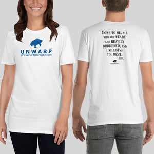 White/Blue Culture Warp Christian T-Shirt. The shirt style is Classic Unisex T-Shirt , size S. The design is Come to Me - UNWARP Collection Collection.