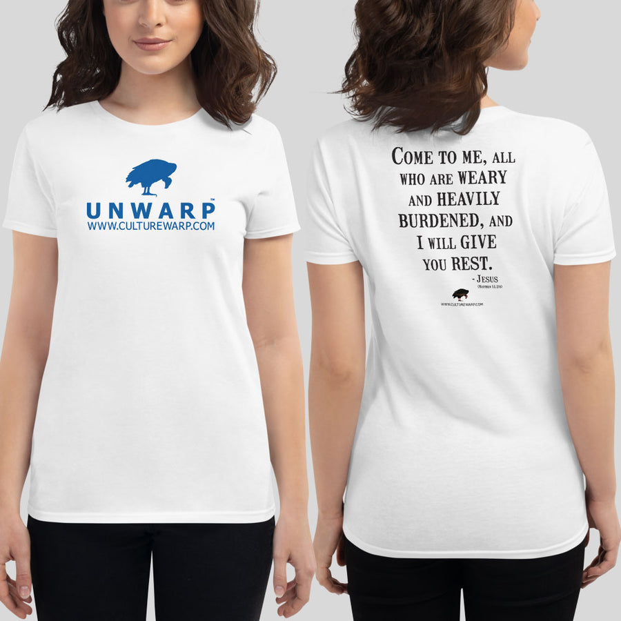 White/Blue Culture Warp Christian T-Shirt. The shirt style is Women's Fashion T-Shirt , size S. The design is Come to Me - UNWARP Collection Collection.