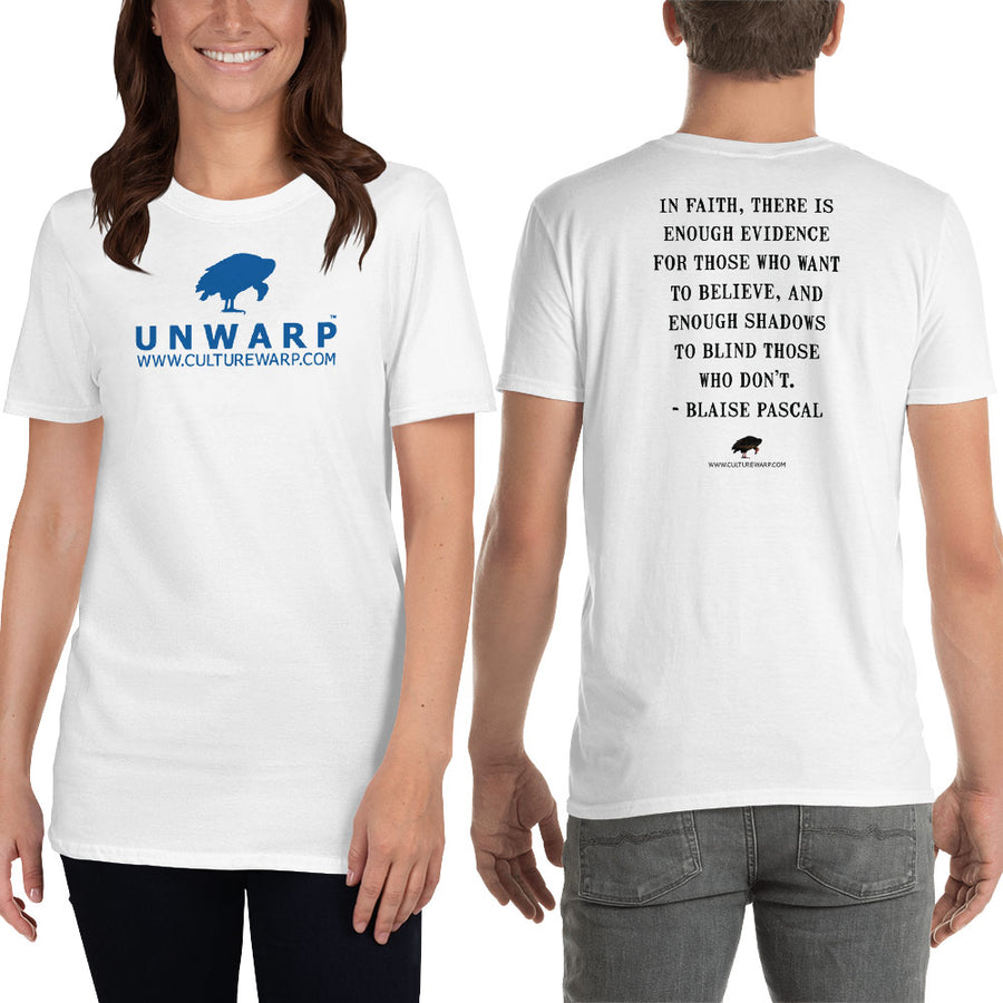 White/Blue Culture Warp Christian T-Shirt. The shirt style is Classic Unisex T-Shirt , size S. The design is Enough Evidence for Those Who Want to Believe - UNWARP Collection Collection.