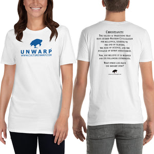 White/Blue Culture Warp Christian T-Shirt. The shirt style is Classic Unisex T-Shirt , size S. The design is Traditions & Values - UNWARP Collection Collection.