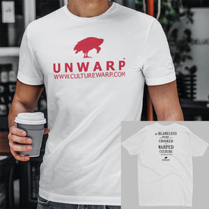 White/Red Culture Warp Christian T-Shirt. The shirt style is Men's Fashion T-Shirt , size S. The design is Blameless and Pure - UNWARP Collection Collection.