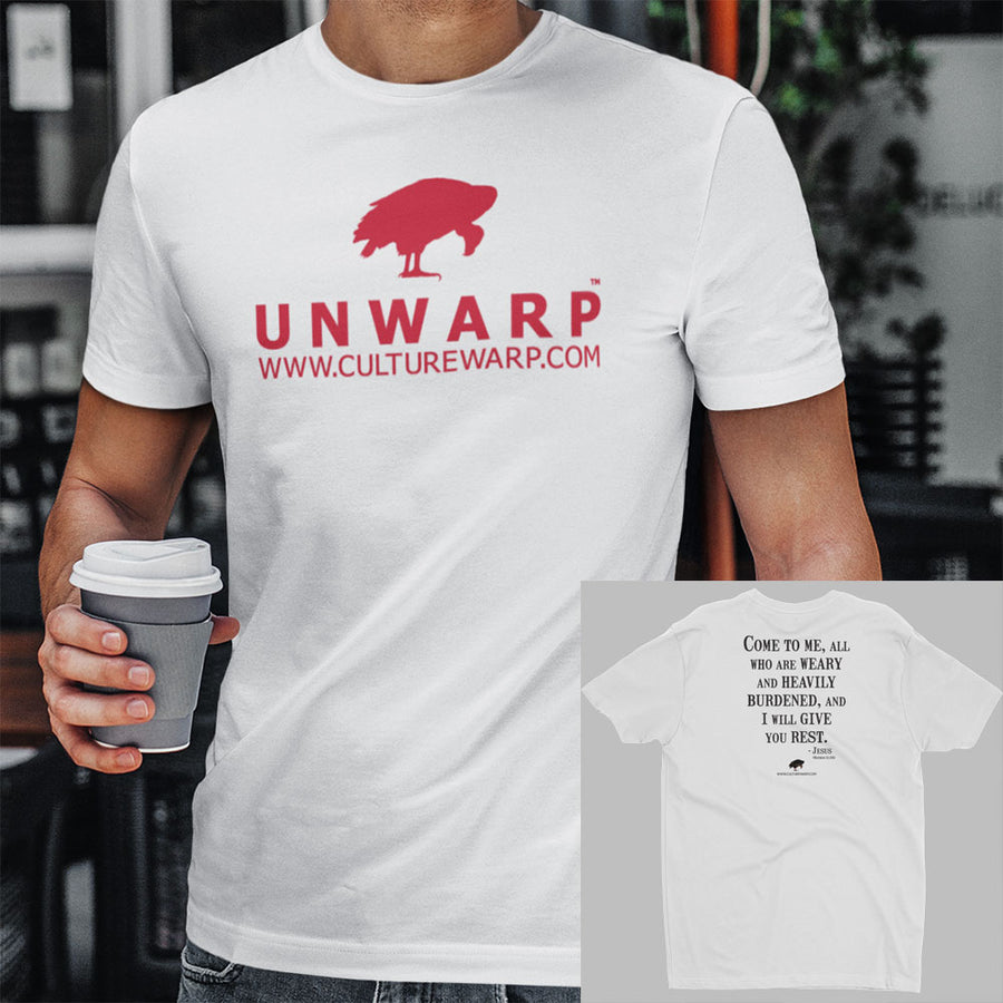 White/Red Culture Warp Christian T-Shirt. The shirt style is Men's Fashion T-Shirt , size S. The design is Come to Me - UNWARP Collection Collection.