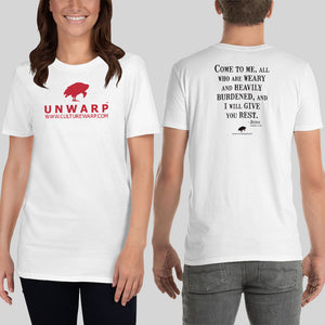 White/Red Culture Warp Christian T-Shirt. The shirt style is Classic Unisex T-Shirt , size S. The design is Come to Me - UNWARP Collection Collection.
