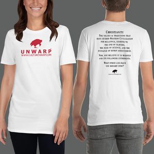 White/Red Culture Warp Christian T-Shirt. The shirt style is Classic Unisex T-Shirt , size S. The design is Traditions & Values - UNWARP Collection Collection.