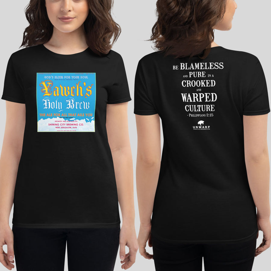 Black Culture Warp Christian T-Shirt. The shirt style is Women's Fashion T-Shirt , size S. The design is Blameless and Pure - Yaweh's Holy Brew Collection.