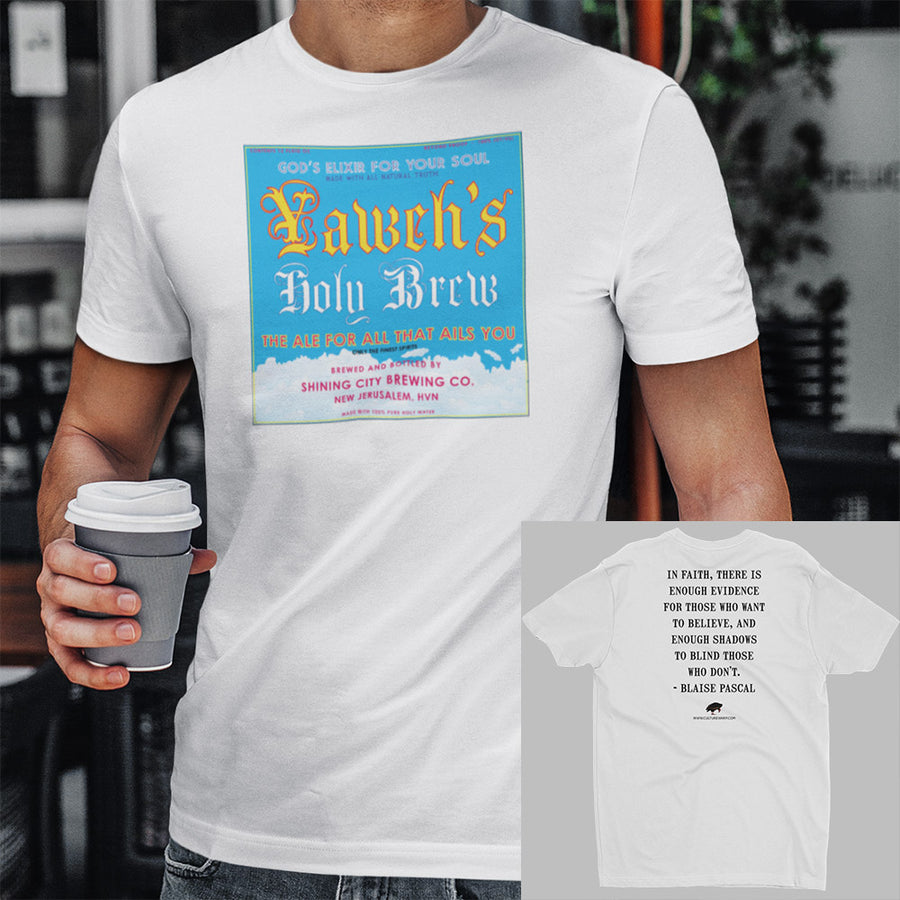 White Culture Warp Christian T-Shirt. The shirt style is Men's Fashion T-Shirt , size S. The design is Enough Evidence for Those Who Want to Believe - Yaweh's Holy Brew Collection.